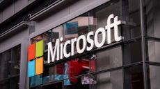 Microsoft logo and branding pictured on the facade of the company's office in New York City, USA.