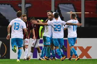 HNK Rijeka players celebrate a goal against AC Milan in the Europa League in 2017.
