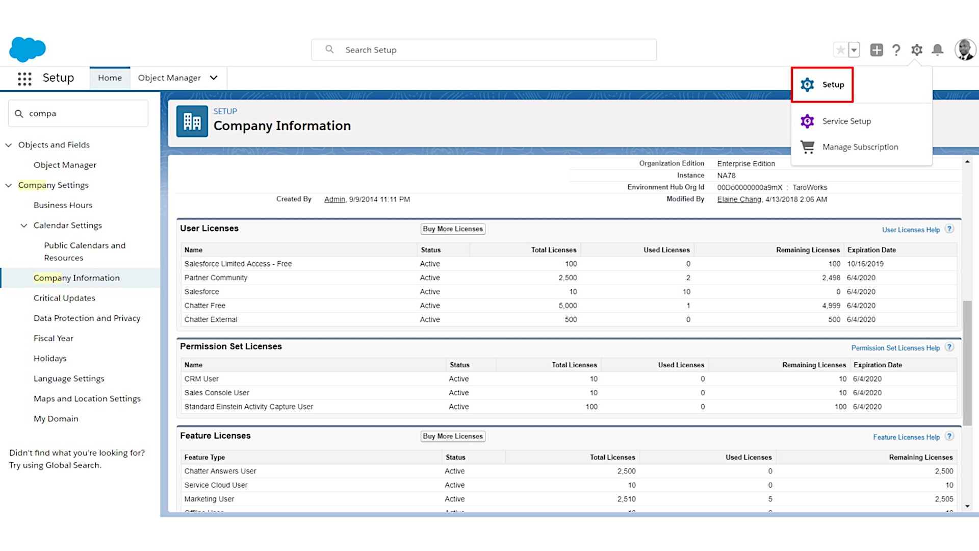 Cuplikan layar halaman Lisensi Salesforce