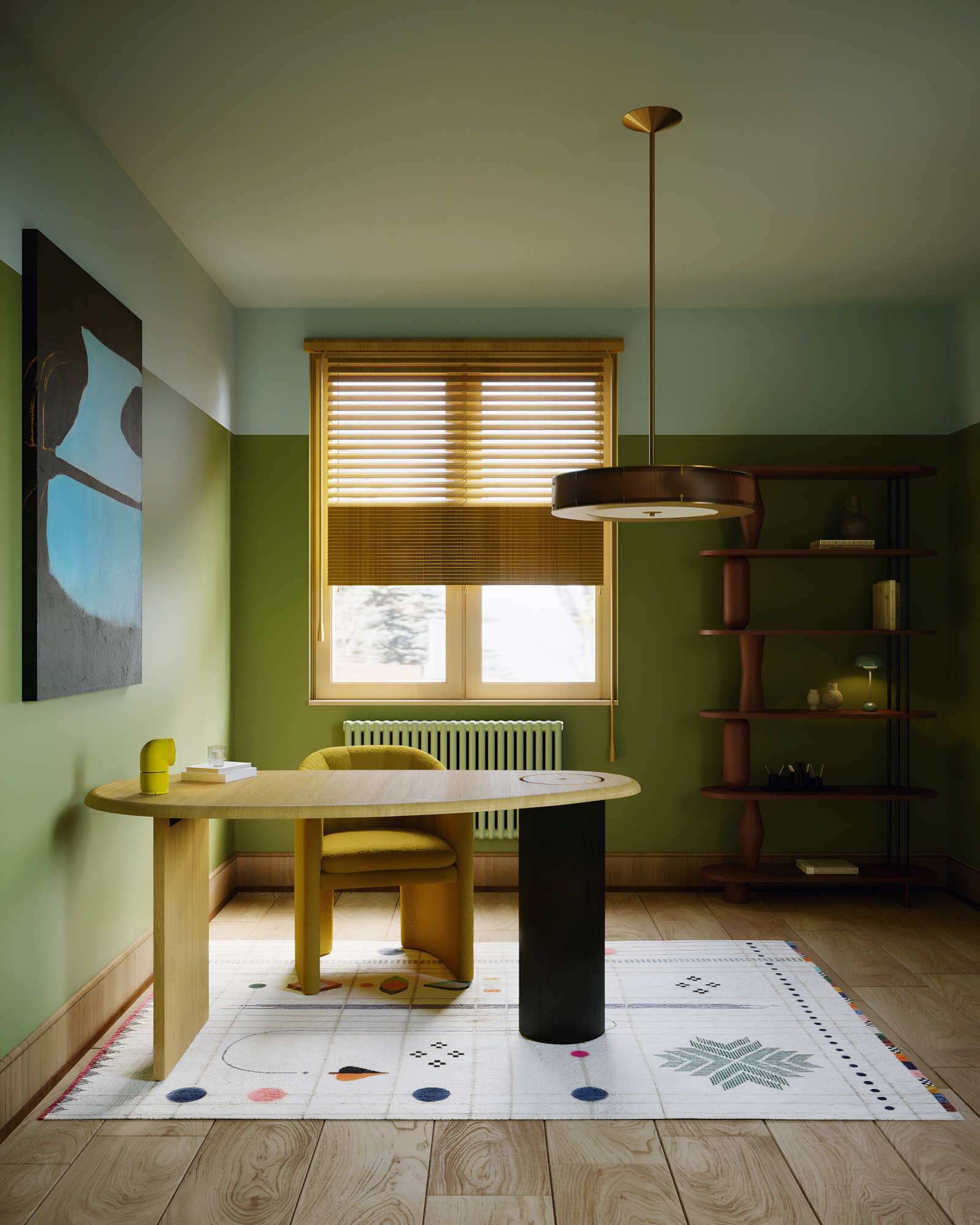 Green home office with wood desk with black leg, abstract white rug, yellow blinds and black and blue abstract artwork