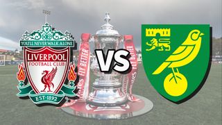 Liverpool and Norwich football club logos over an image of the FA Cup Trophy