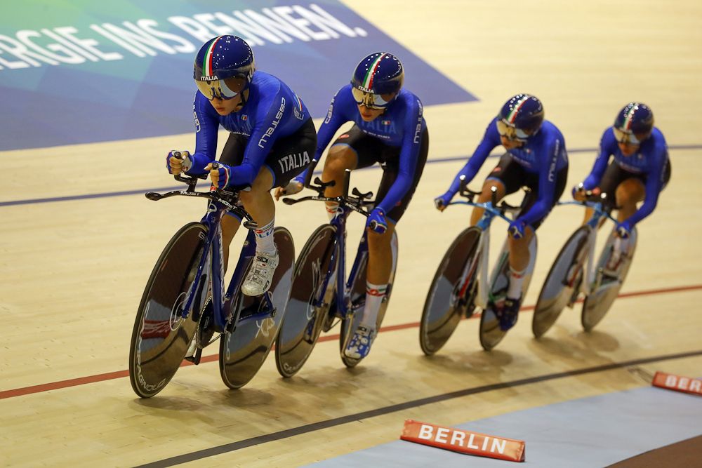 The Italian women en route to winning gold in the team pursuit at the European championships