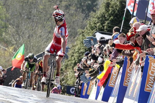 Joaquim Rodriguez (Katusha) opened up a huge gap with a late burst of speed to win Fleche Wallonne