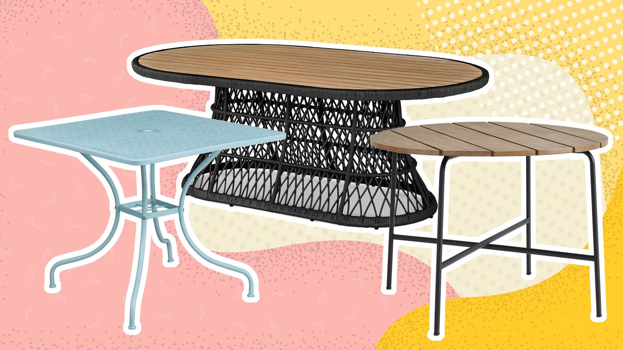 A trio of three patio dining tables on pink and yellow graphic background