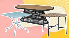 A trio of three patio dining tables on pink and yellow graphic background