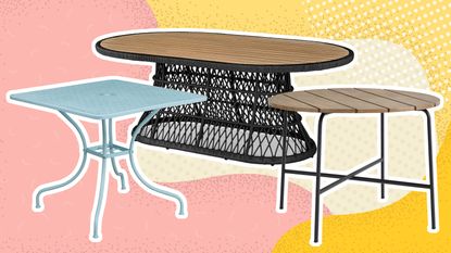 A trio of three patio dining tables on pink and yellow graphic background