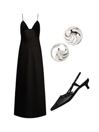 A black dress, silver earrings and black shoes.