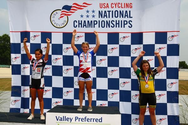 The first medals awarded at 2010 Jr. Track Natz, Jr. Women 13-14 500m TT, L to R- Lucia Carreno (Silver), Payton Thomas (Gold), Julia Sante (Bronze)