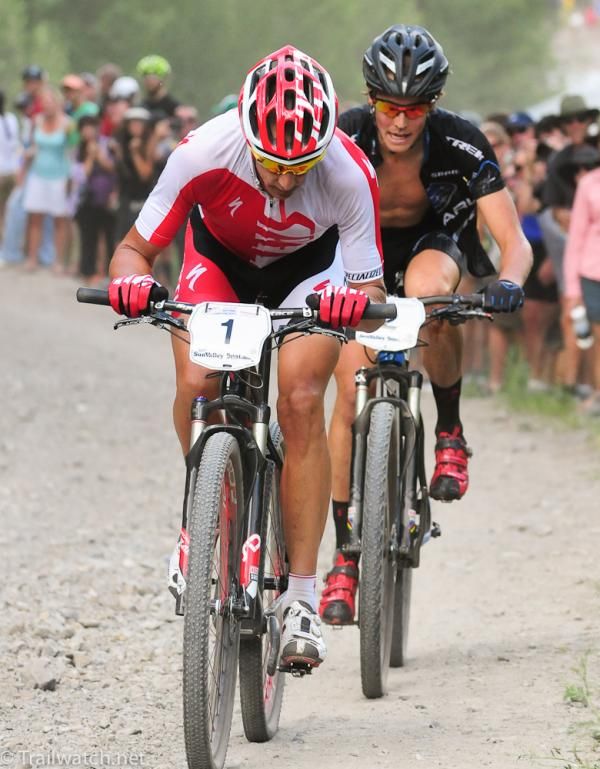 Todd Wells (Specialized) leads Sam Schultz (Subaru-Trek) on lap two