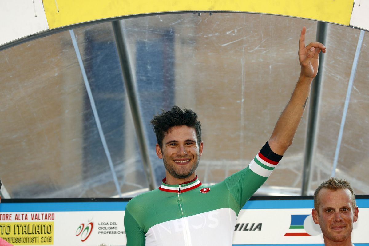 Filippo Ganna (Team Ineos) in the Italian champion's jersey after winning the national TT