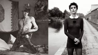 Left: A black and white, slightly grainy photograph of a shirtless young man with tousled hair kneeling on a bed, holding a glass and wearing patterned trousers with a large decorative belt. Right: A black and white full-body shot of a woman with short, dark hair standing by a canal, wearing a dark, long-sleeved mini dress with a white collar and patterned tights.