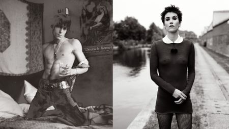 Left: A black and white, slightly grainy photograph of a shirtless young man with tousled hair kneeling on a bed, holding a glass and wearing patterned trousers with a large decorative belt. Right: A black and white full-body shot of a woman with short, dark hair standing by a canal, wearing a dark, long-sleeved mini dress with a white collar and patterned tights.