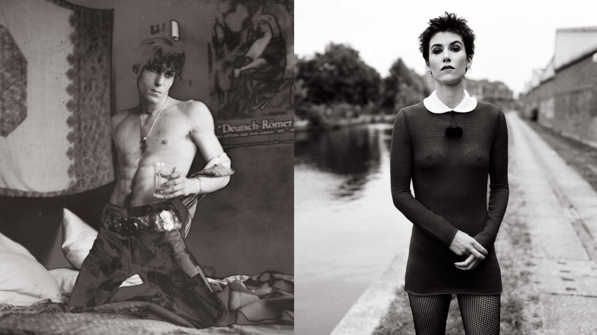 Left: A black and white, slightly grainy photograph of a shirtless young man with tousled hair kneeling on a bed, holding a glass and wearing patterned trousers with a large decorative belt. Right: A black and white full-body shot of a woman with short, dark hair standing by a canal, wearing a dark, long-sleeved mini dress with a white collar and patterned tights.