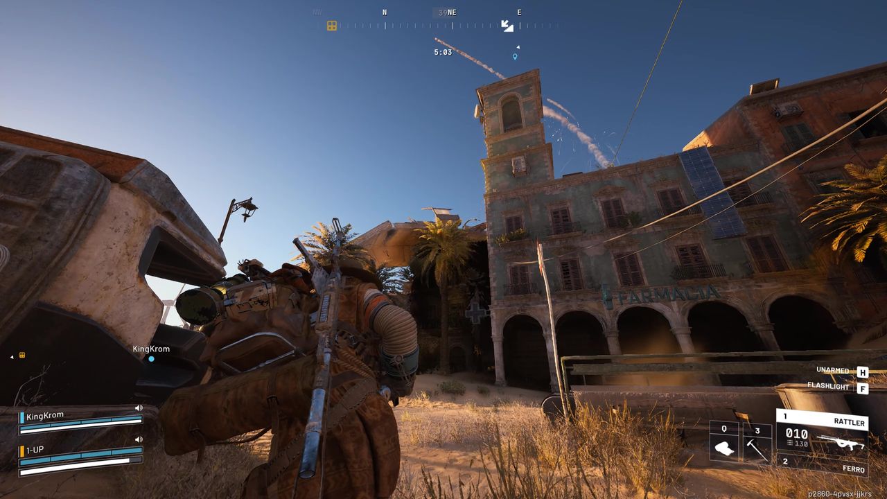 Arc Raiders Reveal in Ruins: A player walking by the exterior of the Piazza Arbusto pharmacy in Buried City.