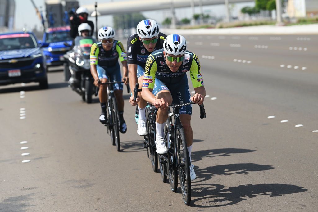 ABU DHABI UNITED ARAB EMIRATES FEBRUARY 22 Kristian Sbaragli of Italy and Team Solution Tech Vini Fantini competes in the breakaway during the 7th UAE Tour 2025 Stage 6 a 165km stage from Abu Dhabi Cycling Club to Abu Dhabi Breakwater UCIWWT on February 22 2025 in Abu Dhabi United Arab Emirates Photo by Dario BelingheriGetty Images