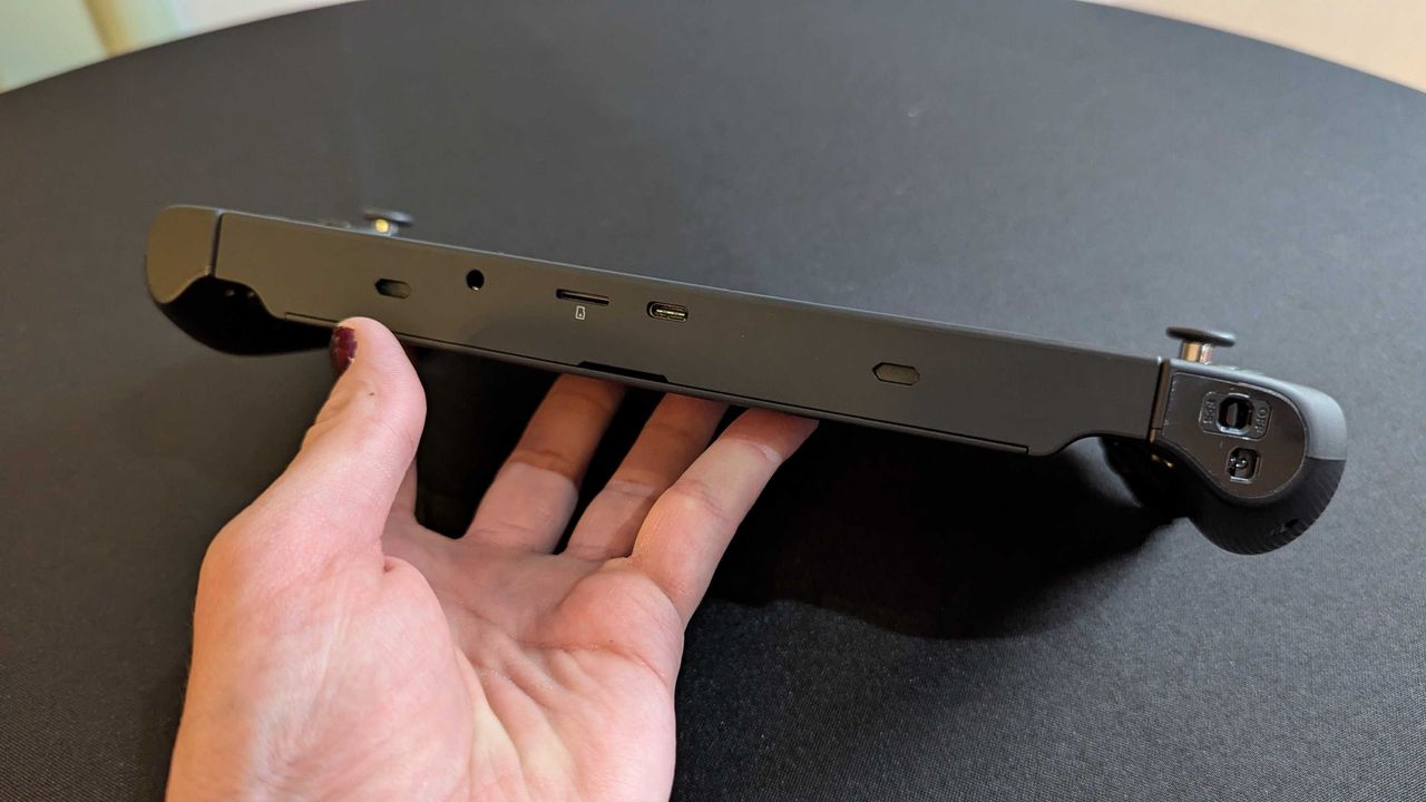 A Lenovo Legion Go (Gen 2) prototype as seen from the bottom, showing the microSD card slot and USB Type-C 4.0 port.