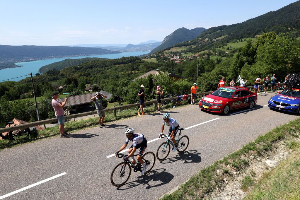 SAINTGERVAIS MONTBLANC FRANCE JULY 16 LR Julian Alaphilippe of France and Team Soudal Quick Step and Alexey Lutsenko of Kazakhstan and Astana Qazaqstan Team compete in the breakaway climbing to the Col de la Forclaz de Montmin 1149m during the stage fifteen of the 110th Tour de France 2023 a 179km stage from Les Gets les Portes du Soleil to SaintGervais MontBlanc 1379m UCIWT on July 16 2023 in SaintGervais MontBlanc France Photo by Michael SteeleGetty Images