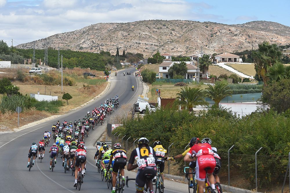 The peloton line out on stage 3 of the Vuelta a Espanaa