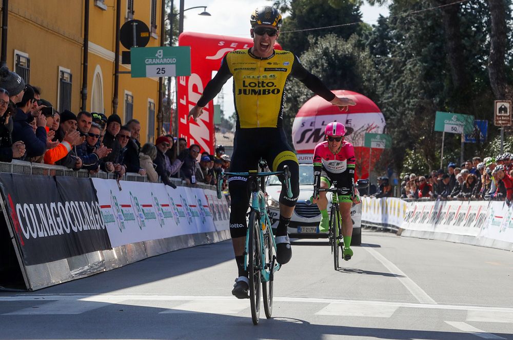 Pascal Eenkhoorn (LottoNL-Jumbo) wins the opening stage at Coppi e Bartali