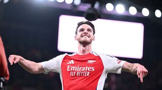 Declan Rice celebrates his first goal for Arsenal against Real Madrid in the Champions League in April 2025.