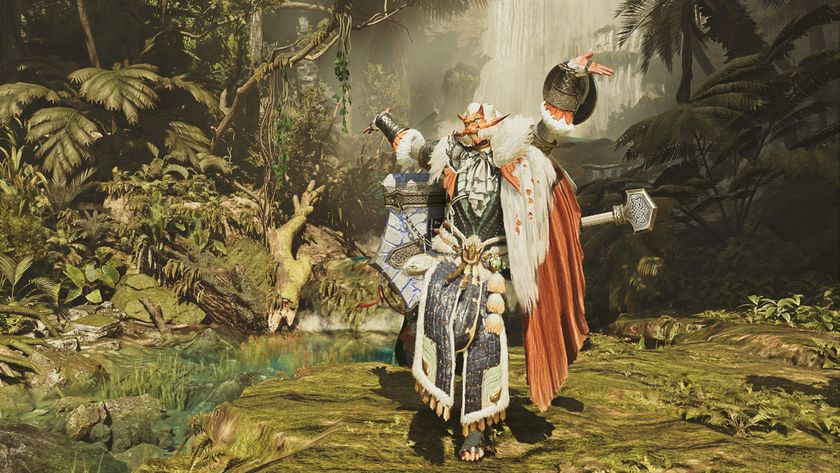 A hunter posing with an absurd Blangonga outfit in Monster Hunter Wilds.