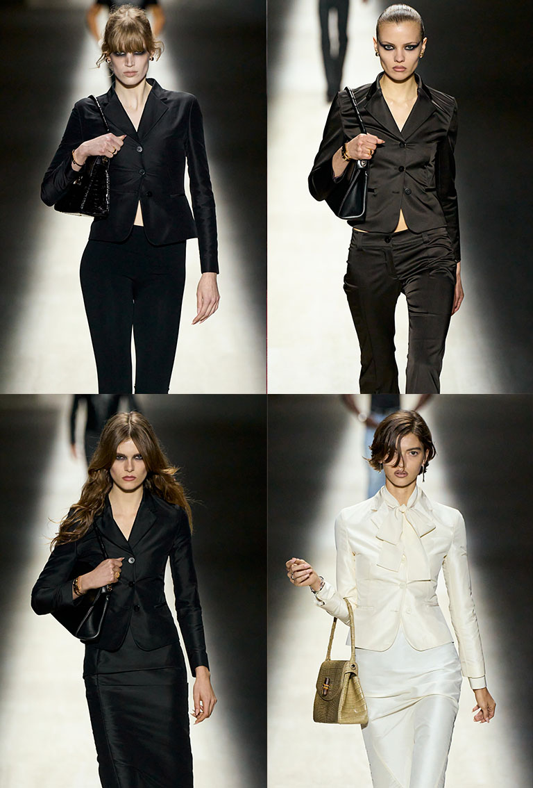 Women on the Gucci FW26 runway in fitted blazers and jackets