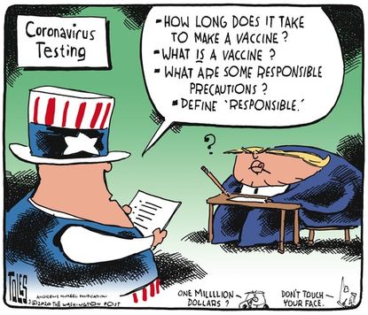 Political Cartoon U.S. coronavirus testing Uncle Sam vaccine no responsibility