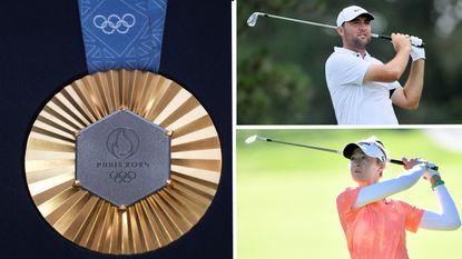 Gold medal next to images of Scottie Scheffler and Nelly Korda, favorites for the Olympics Golf Event