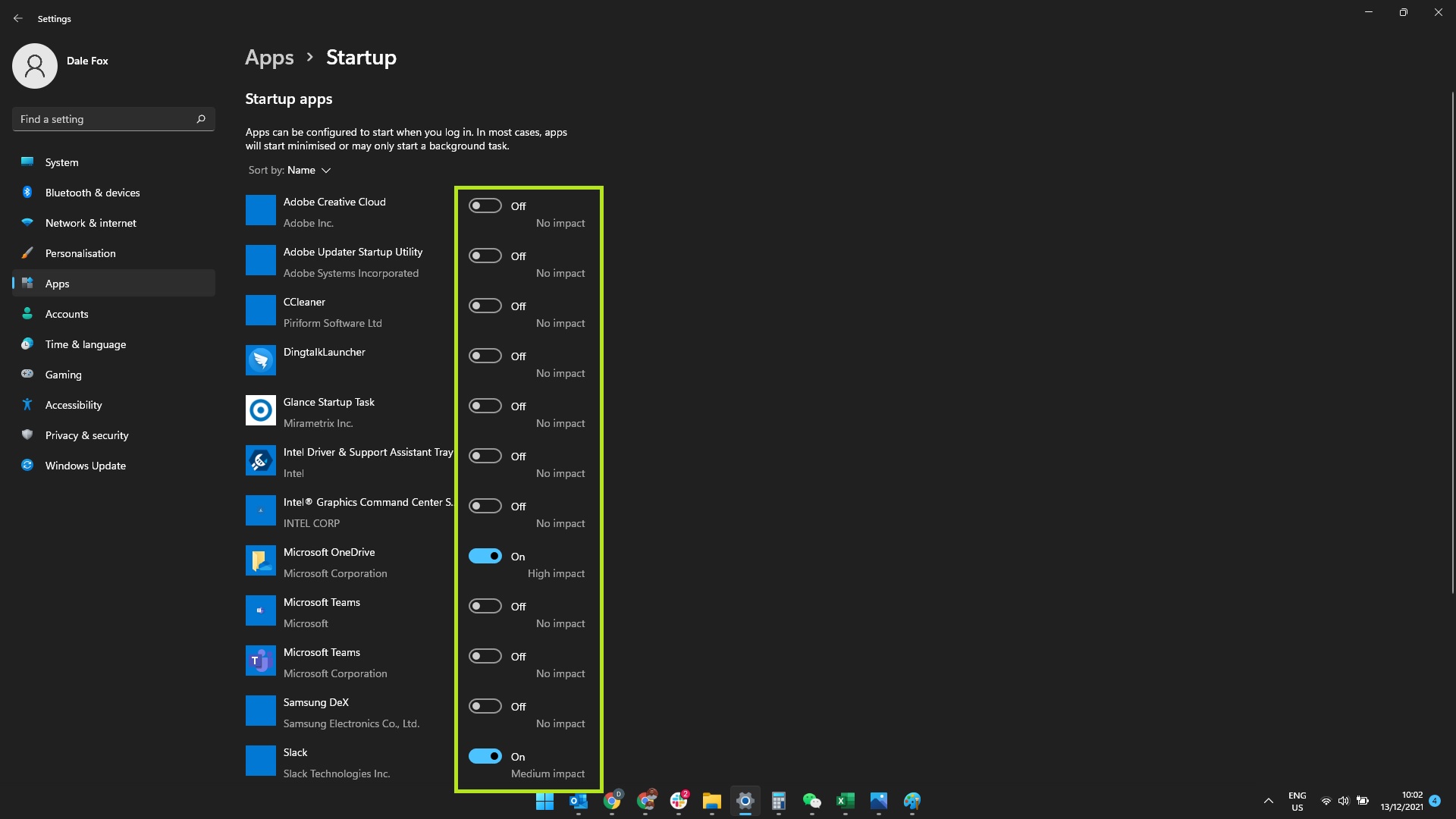 Screenshot showing Windows 11 startup apps list with list of startup apps highlighted