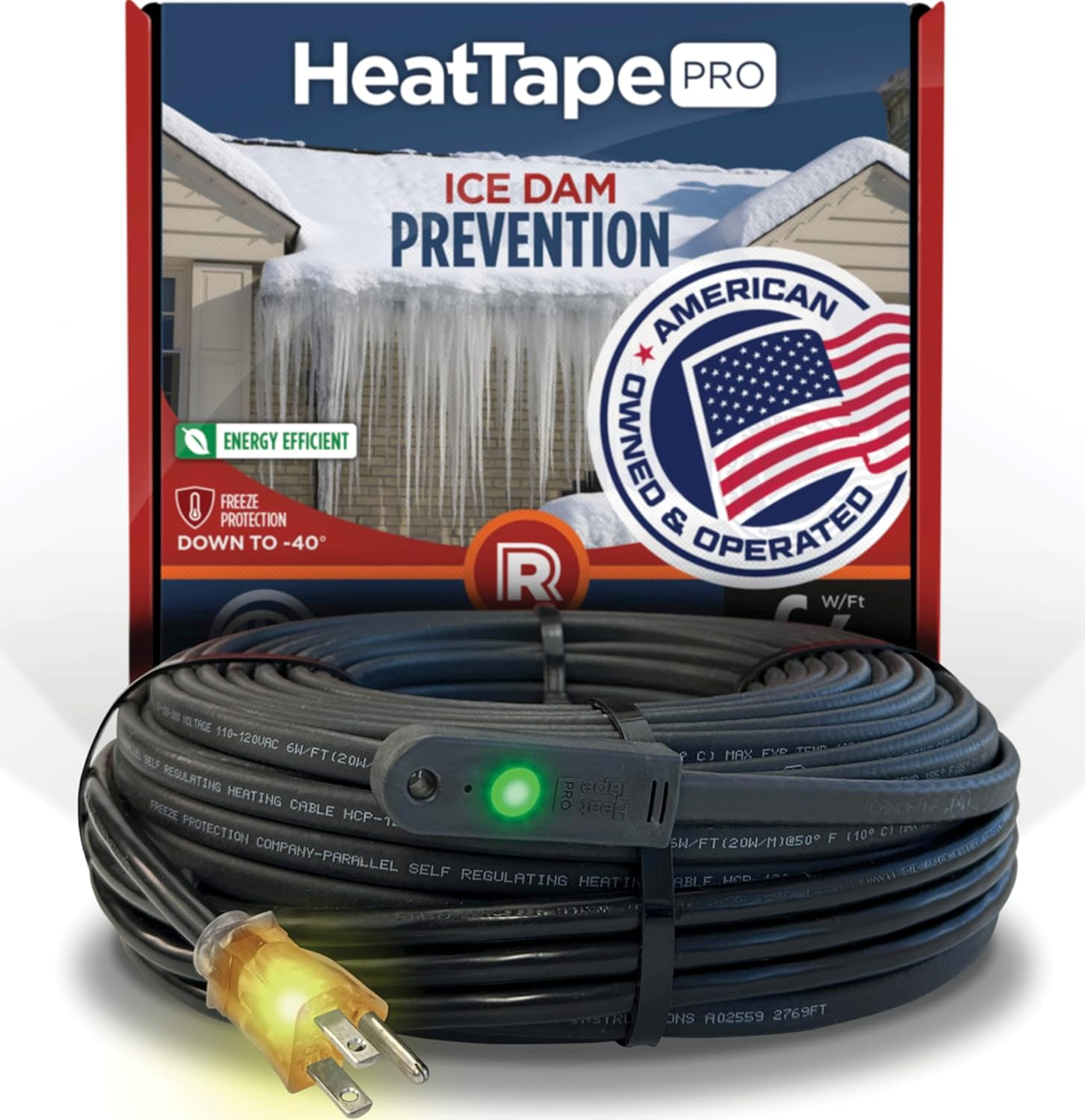 Radiant Solutions Heattapepro - Intelligent Commercial Grade Self-Regulating Heat Cable With Glowcap&amp;trade; - 10 Yr Warranty - Ice Dam &amp;amp; Pipe Freeze Protection - 87 Ft Cable + 10 Ft Cord, 120v, 6 Watts/ft