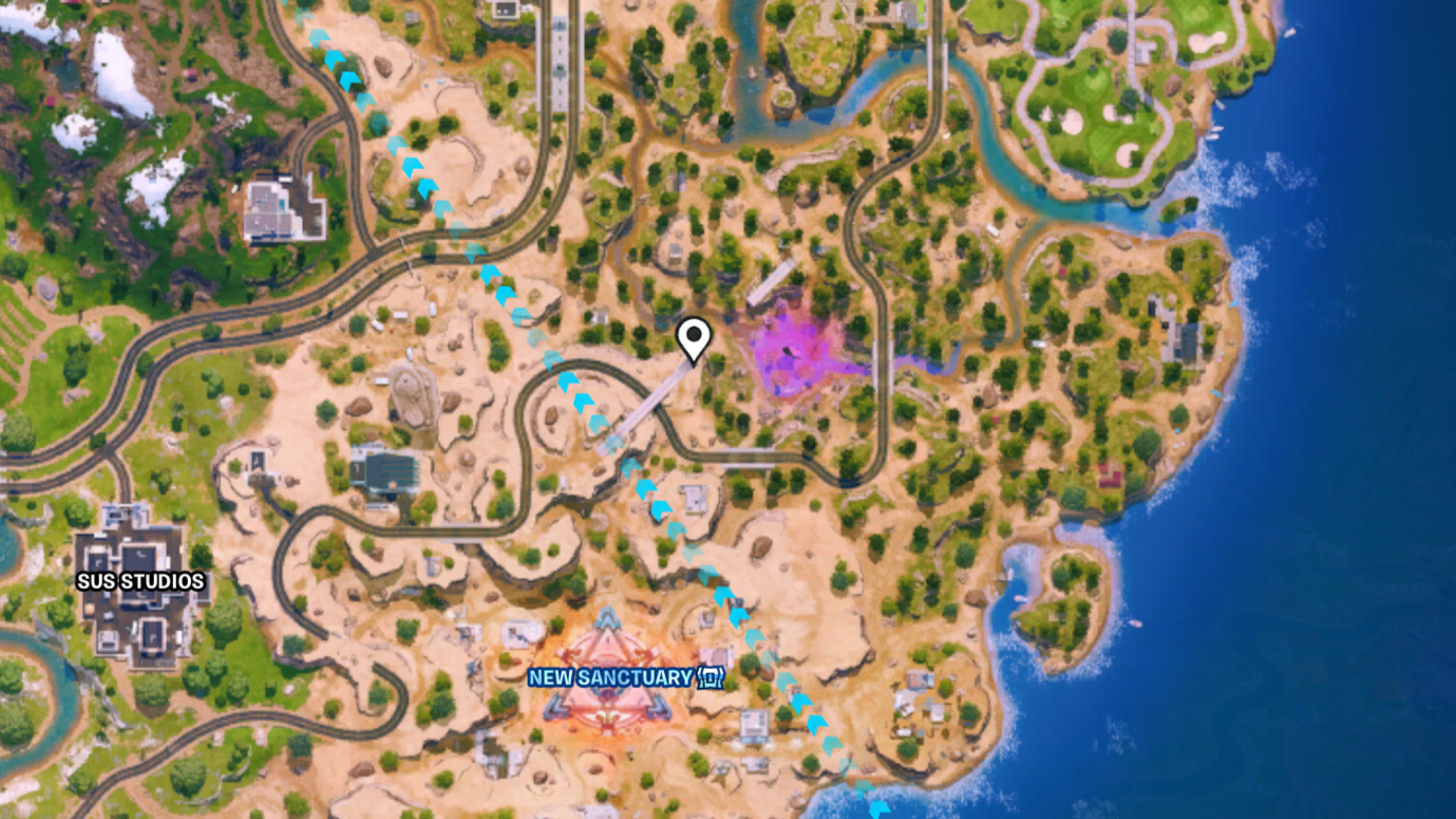 An overhead view of Fortnite's map showing Looper's Leap.