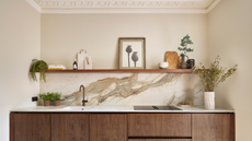 A dark wood kitchen head on with off white walls, a dramatic veining in the light marble countertop and an open shelf running the whole way along styled with plants, greenery and pots