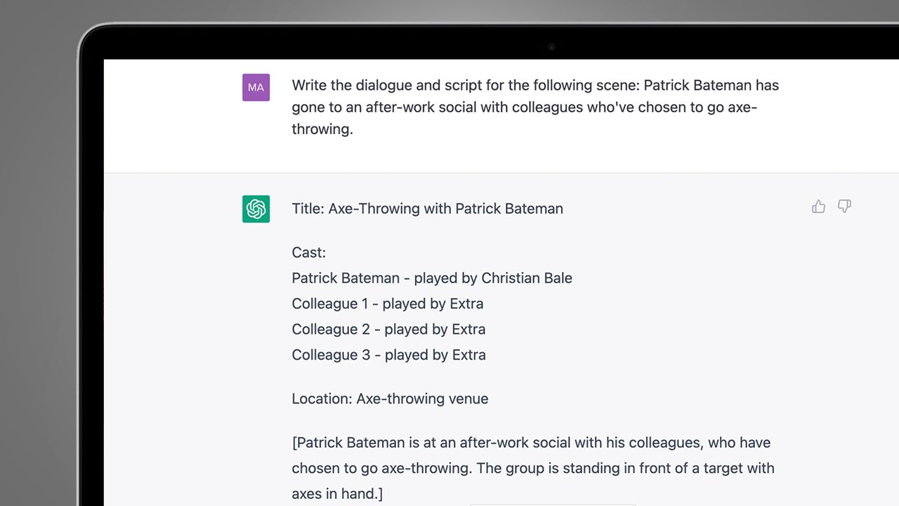 A laptop screen on a grey background showing ChatGPT writing a movie script