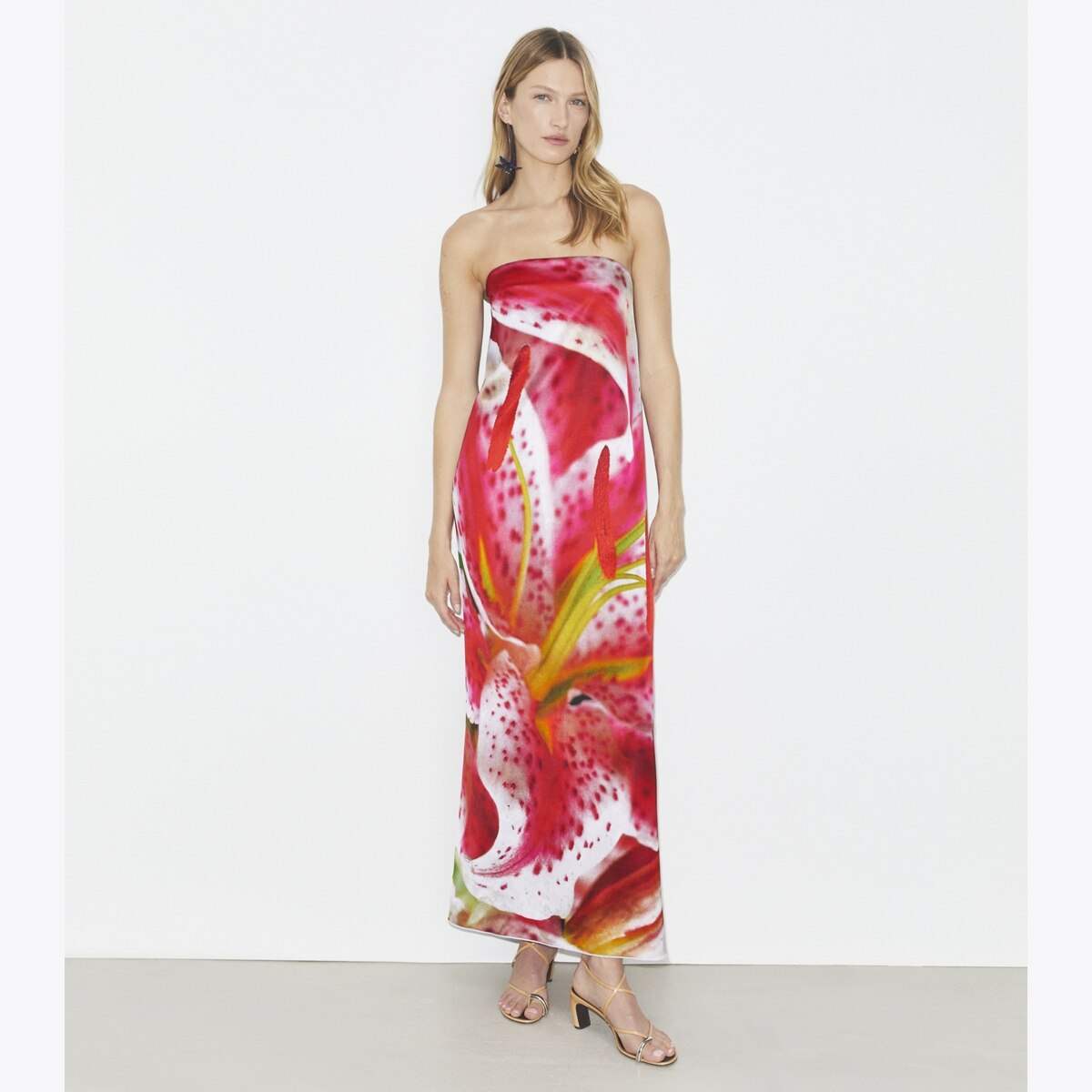 Printed Viscose Strapless Dress in Pink, Size 10