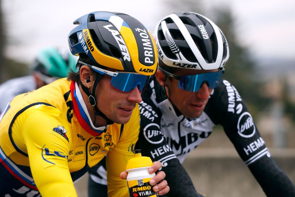 BOLLNE FRANCE MARCH 11 Primoz Roglic of Slovenia and Team Jumbo Visma Yellow Leader Jersey during the 79th Paris Nice 2021 Stage 5 a 200km stage from Vienne to Bollne Refreshment Tacx bottle ParisNice on March 11 2021 in Bollne France Photo by Bas CzerwinskiGetty Images