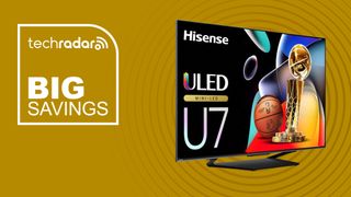 A Hisense 65-inch Mini-LED QLED TV on a yellow background with Big Savings text next to it.