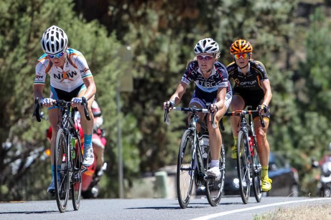 Olivia Dillon (NOW and Novartis) leads the women's break up the Archie Briggs climb.