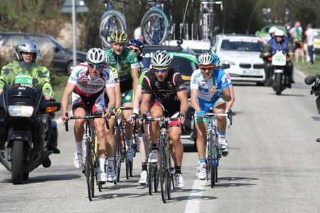 The early breakaway: Kurt Hovelynck (Donckers Koffie - Jelly Belly), S&eacute;bastien Delfosse (Landbouwkrediet), David Kopp (Team Eddy Merckx - Indeland), Cesare Benedetti (Team Netapp) and (obscured) Davide Ricci Bitti (Farnese Vini - Neri Sottoli), Johannes Fr&ouml;hlinger (Skil - Shimano), Lasse B&oslash;chman (Glud & Marstrand - LRO), Maxim Belkov (Vacansoleil-DCM Pro Cycling Team)