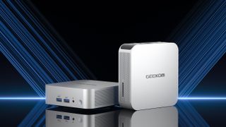 A composite image showing the Geekom A7 mini PC in both horizontal and vertical positions against a blue and black background.