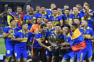 Boca juniors players celebrate after winning the Argentina Supercopa in 2023.