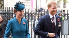 Catherine, Princess of Wales and Prince Harry, Duke of Sussex attend the ANZAC Day Service of Commemoration and Thanksgiving at Westminster Abbey on April 25, 2019