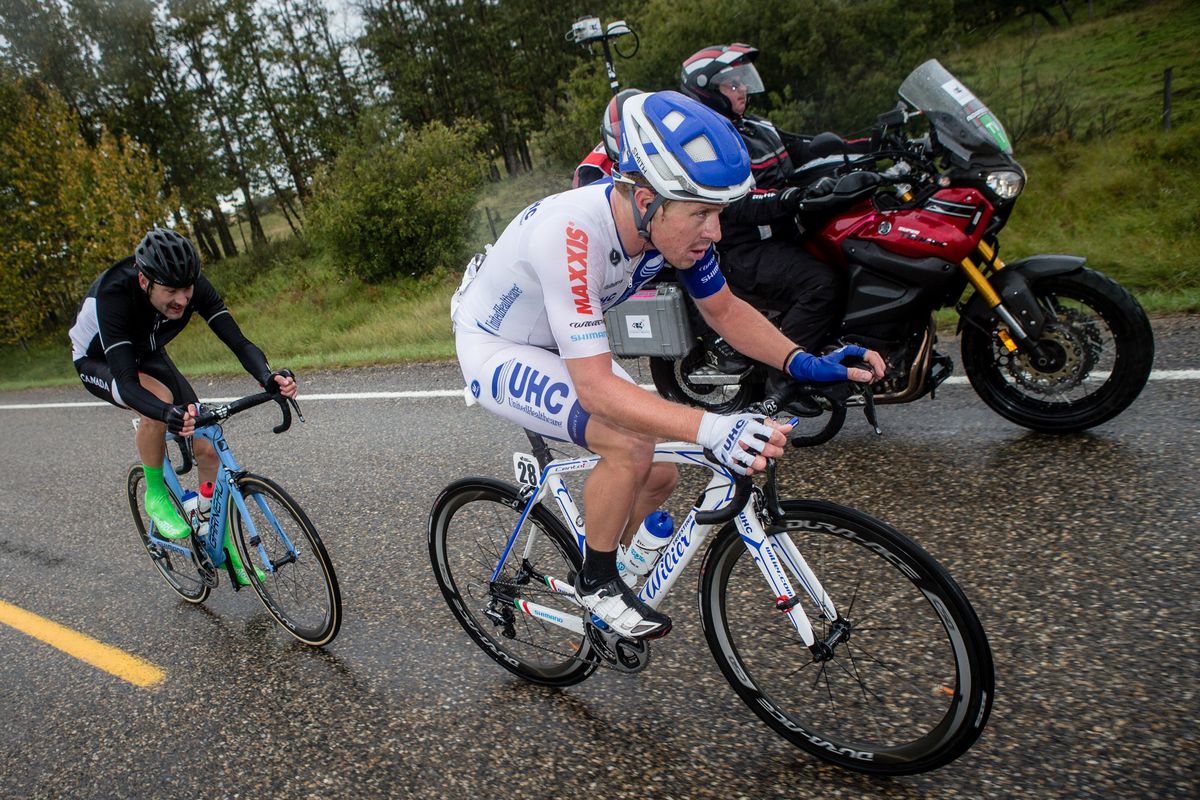 Tanner Putt (UHC) leads a breakaway at the Tour of Alberta. After hours in the freezing rain in his summer clothes and everyone else bundled up he earned the nickname of &ldquo;the polar bear&rdquo;.