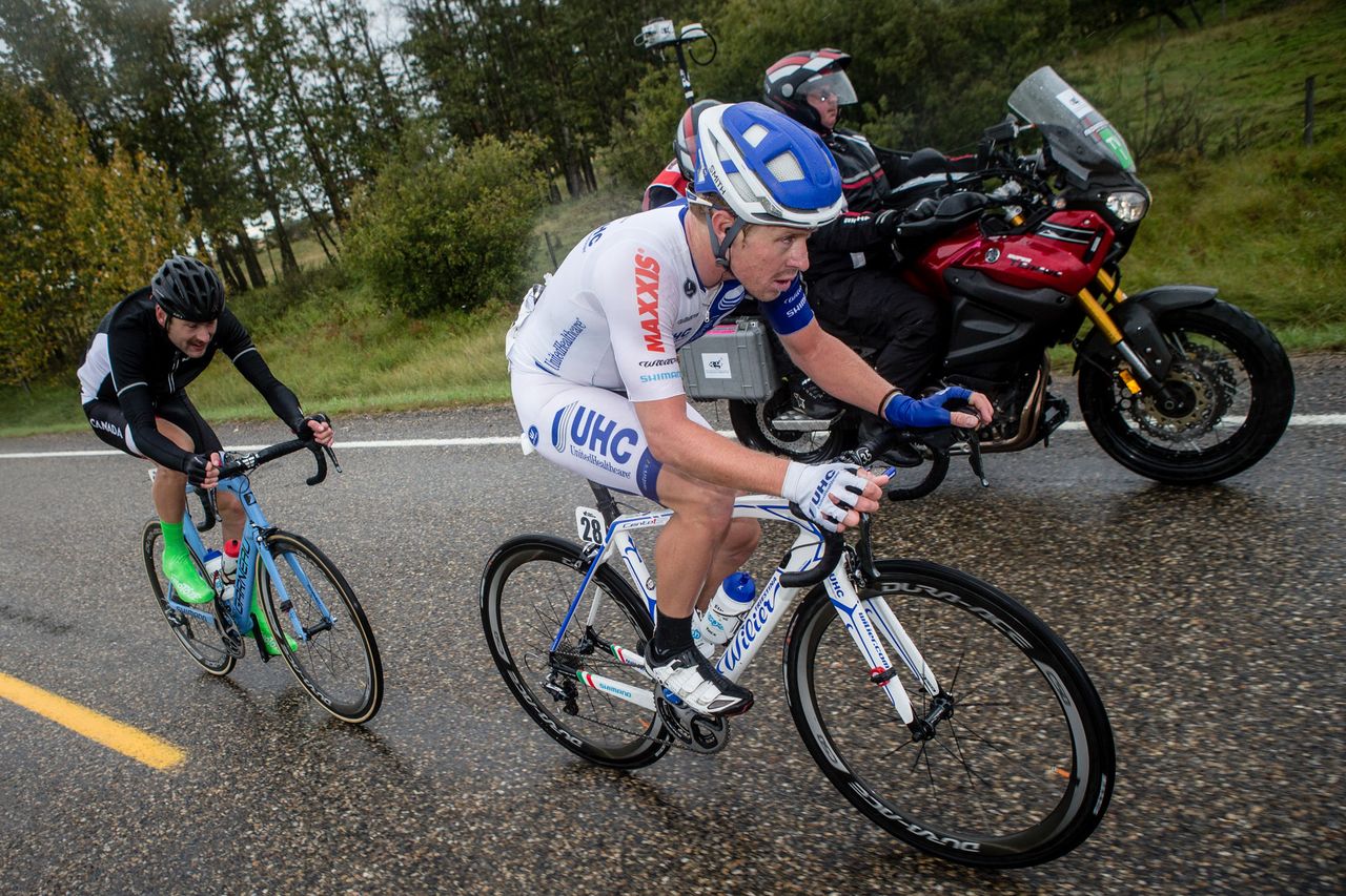 Tanner Putt (UHC) leads a breakaway at the Tour of Alberta. After hours in the freezing rain in his summer clothes and everyone else bundled up he earned the nickname of &ldquo;the polar bear&rdquo;.