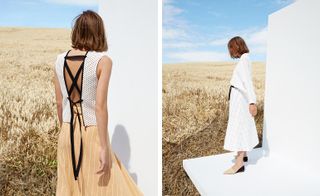 Two images, Left-Model wearing asymmetric skirt with criss-cross tie back top, Right- Model wearing asymmetric skirt with long sleeved shirt
