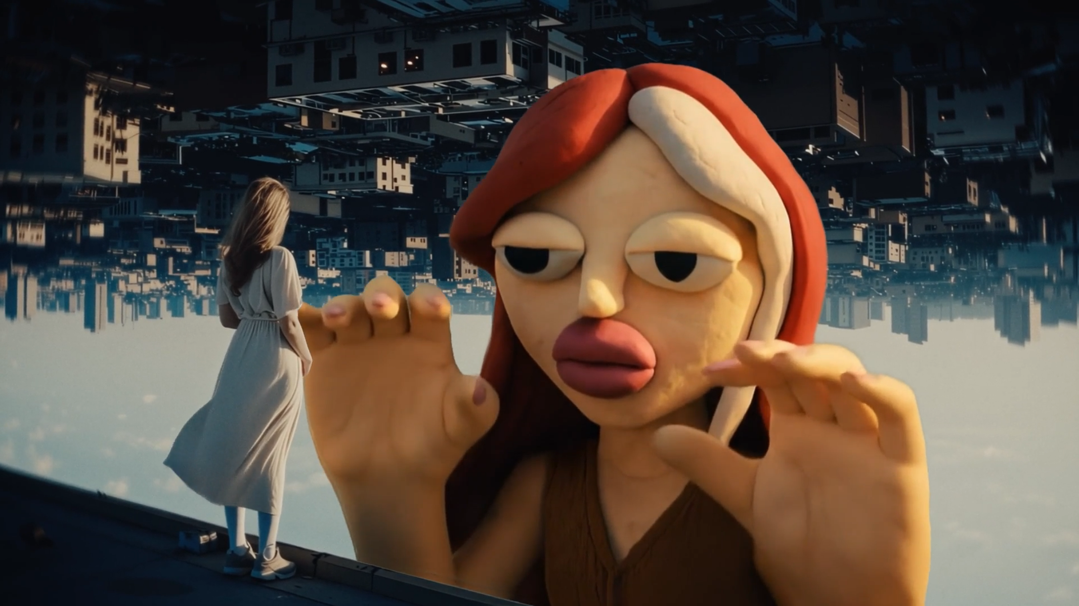 An image from an AI-generated video made with Adobe Firefly showing a girl, an upside-down city and an enormous claymation doll