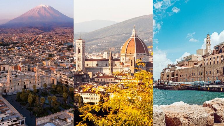 A composite image of the best places to visit in October including Florence, Tel Aviv and Arequipa