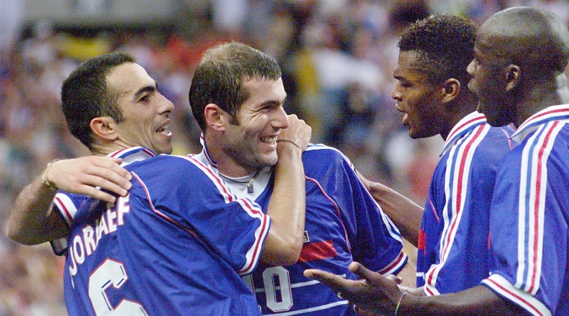 Zinedine Zidane celebrates with his France team-mates after scoring against Brazil in the 1998 World Cup final.