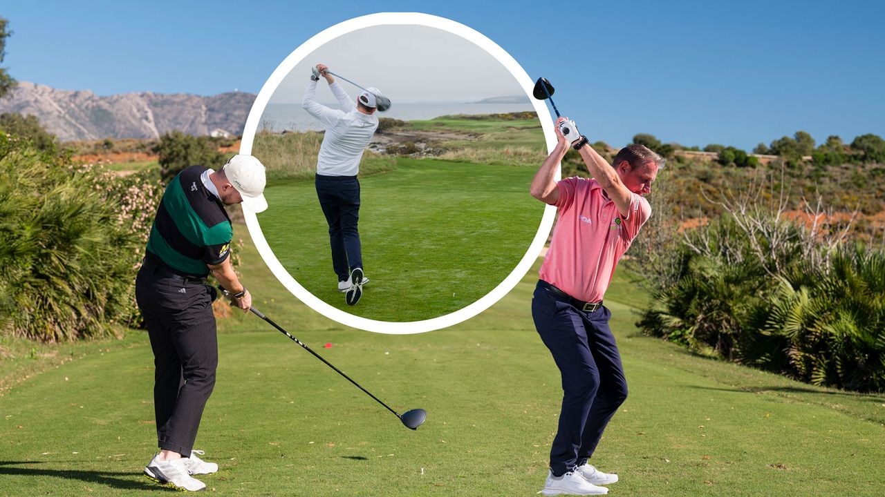 Alex Elliott, Anders Mankert and Ben Emerson at various stages of hitting a driver off the tee