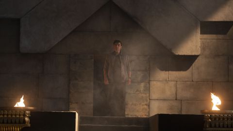 Oscar Isaac stands at the entrance of a temple in Moon Knight