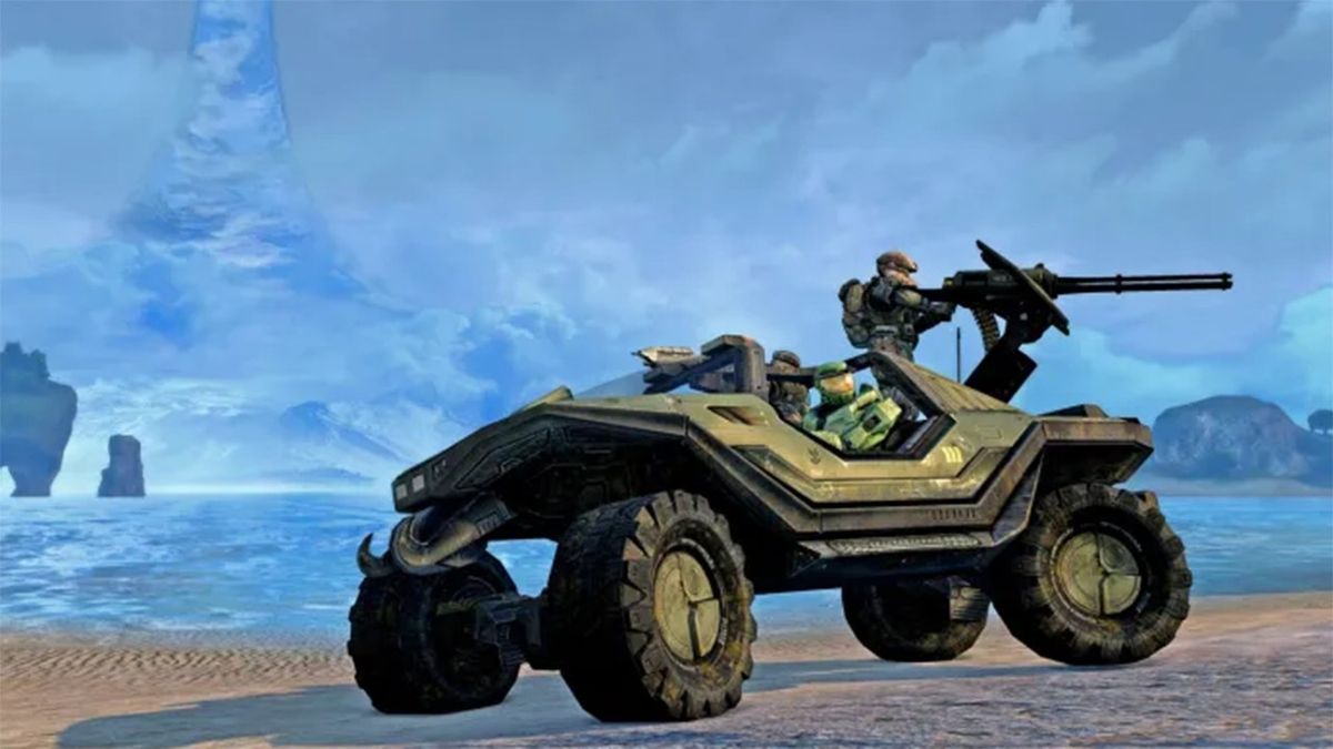 An image of the Warthog vehicle with a Spartan on the turret in the back from the Halo video games.